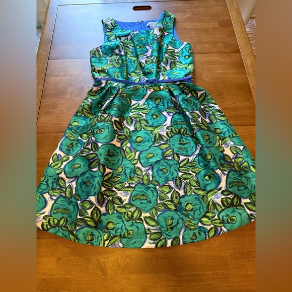 Liz Claiborne Dresses & Skirts - Liz Claiborne Green & Blue Floral Jacquard Fit & Flare Dress | Size 12